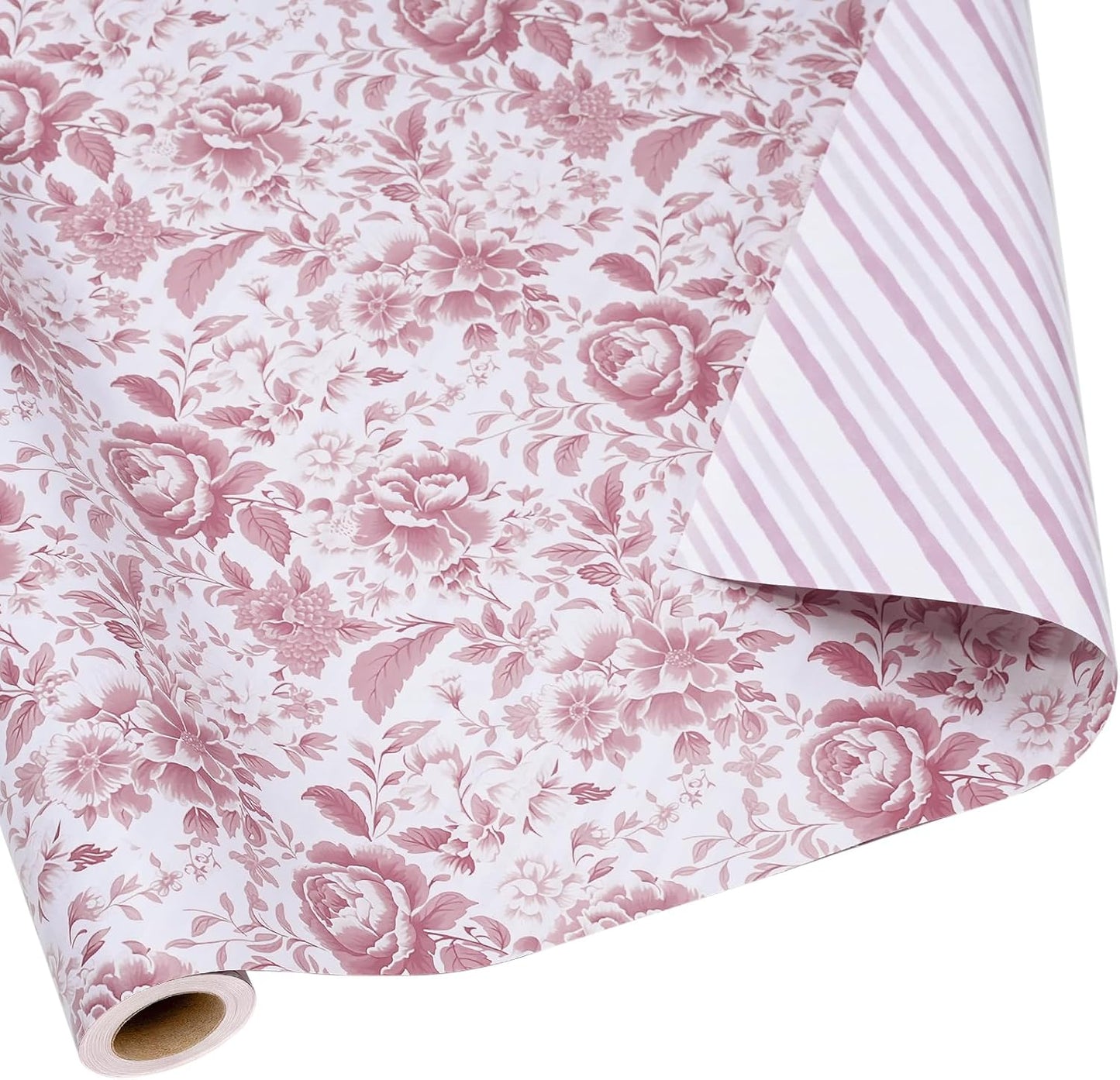 LaRibbons Pink Floral Wrapping Paper - Mini Roll, Reversible Chinoiserise Peony Flower & Striped Gift Wrap for Bridal Shower, Valentine's Day, Baby Shower, Wedding & Mother's Day, 17 Inch x 33 Feet
