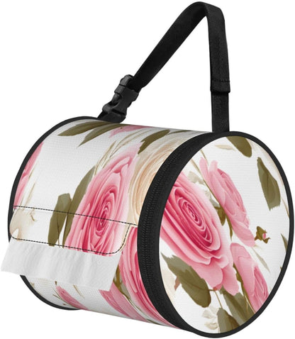 Oxford Cylinder Tissue Holder, Round Tissue Container Pink White Rose Flower - 6.3''X6.3'' Portable Toilet Paper Roll Cover Tissue Box for Home Car Camping Office Travel