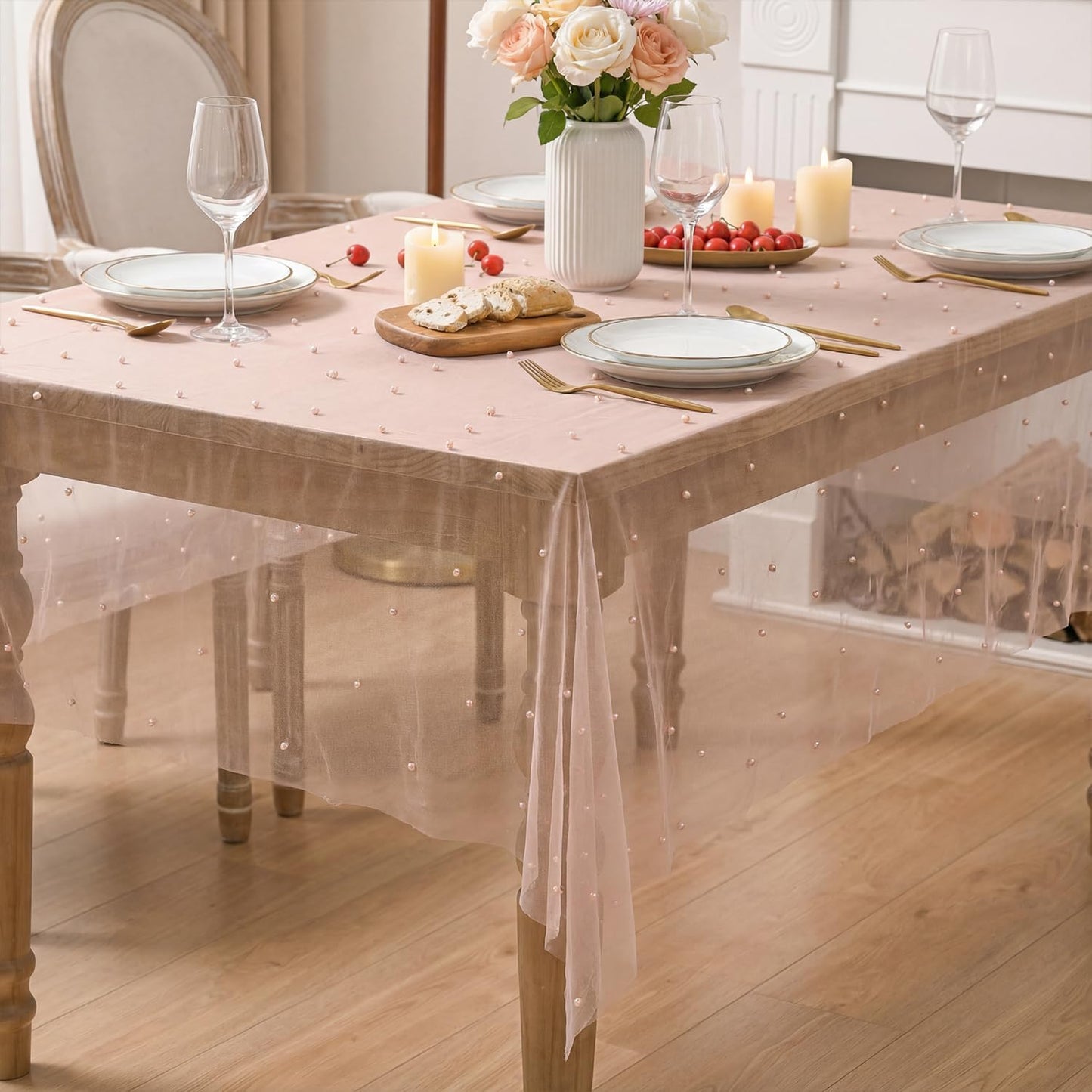 Horaldaily Pink Pearl Pink Gauze Tablecloth 60×84 Inch Rectangular, Spring Summer Tulle Lace Cheesecloth, Bridal Shower Table Cover for Wedding Birthday Table Decor