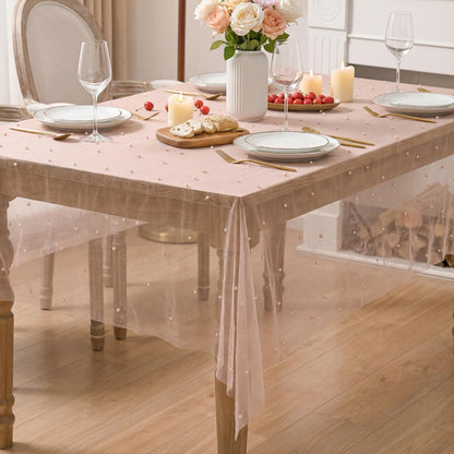 Horaldaily Pink Pearl Pink Gauze Tablecloth 60×84 Inch Rectangular, Spring Summer Tulle Lace Cheesecloth, Bridal Shower Table Cover for Wedding Birthday Table Decor