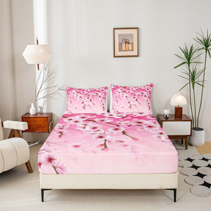 Peach Blossom Kids Sheet Twin Size,Pink Flowers Spring Romantic Bedding Set,Girls Boys Adults Bedroom Decor,Florals Rustic Nauture View Dreamy Bed Sheet Set 3pcs(Fitted + Flat + 1 Pillowcase)
