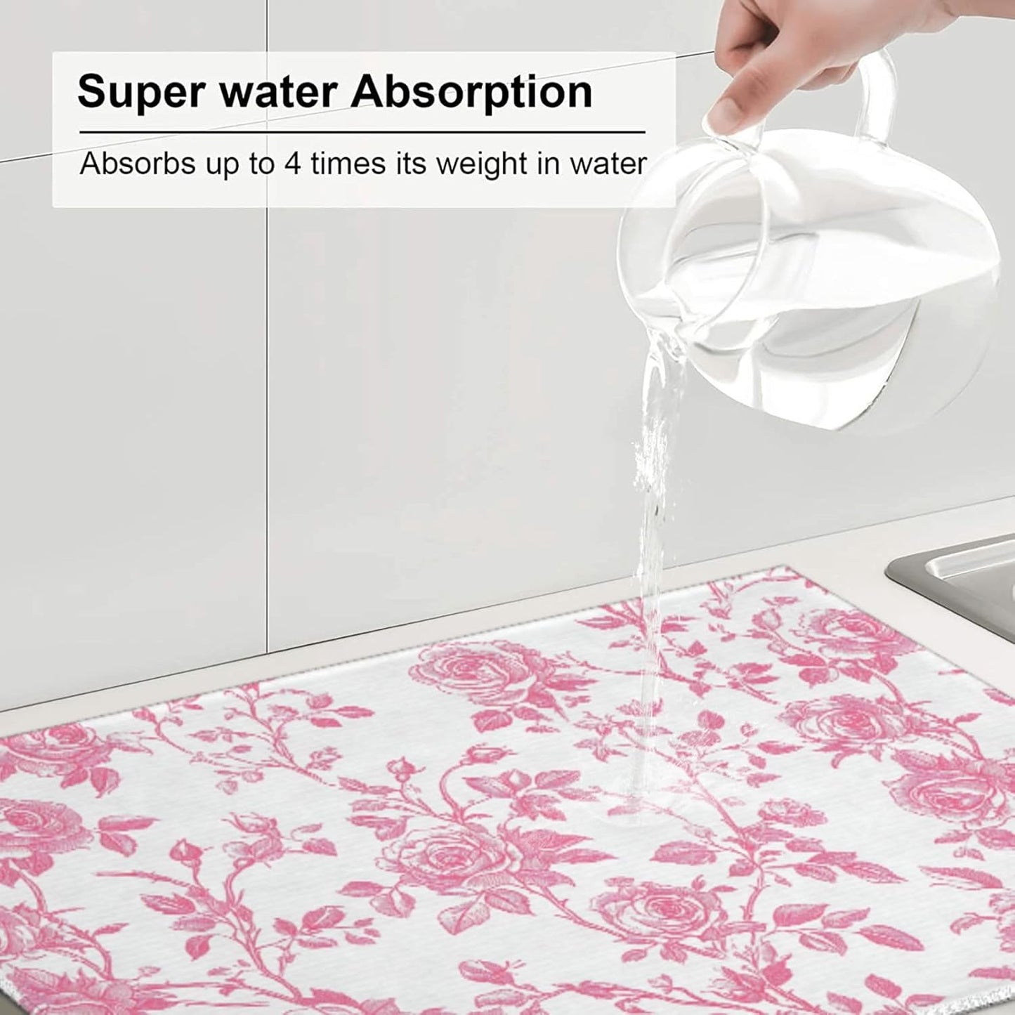 Pink Floral Rose Toile Pattern Dish Drying Mat For Kitchen Counter, Drain Rack Mat Microfiber Quick Dry Dish Pad