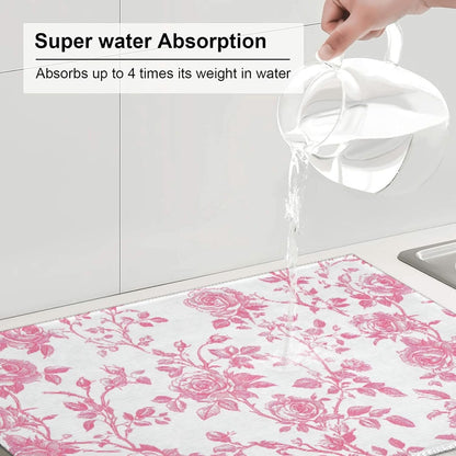 Pink Floral Rose Toile Pattern Dish Drying Mat For Kitchen Counter, Drain Rack Mat Microfiber Quick Dry Dish Pad