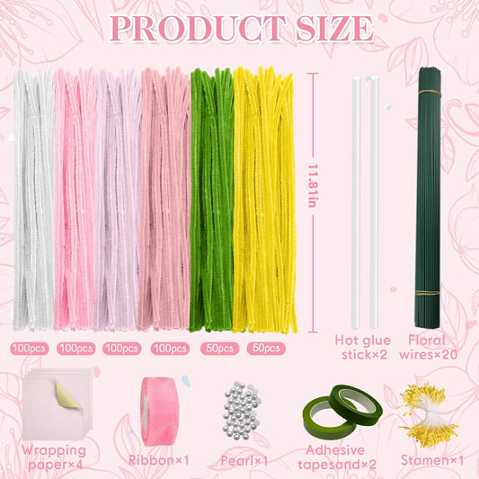 AZEAM 630 Pcs Pipe Cleaner Craft, 500 Pcs Pink Pipe Cleaner Bulk with 6 Color Chenille Stems for Flower Kit Pastel Fluffy Fuzzy Sticks for Craft DIY Art Party Decoration