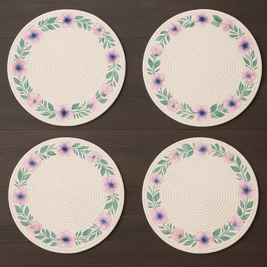 Home Dining Essentials Round Cotton Placemats, Floral Design Table Mats, 15 Inch Braided Woven, Heat-Resistant, Set of 4, White with Decorative Pattern for Casual Dining (Pink Flower, 15" Round)