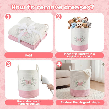 Honeydak Pink Butterfly Laundry Basket Hamper Coquette Laundry Basket Embroidered Cotton Rope Hamper 15 x 17.7 Inches Toy Box Large Coquette Decor Teen Girl Room Storage for Cloth Organization