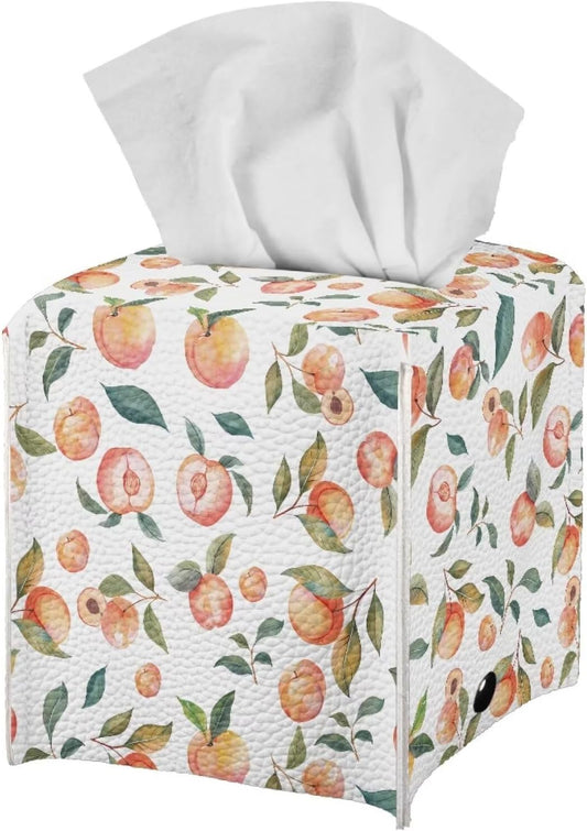 Cute Peach Tissue Box Cover PU Leather Waterproof White Square Tissue Holder Elegant Modern Decorative Print Tissues Cube Organizer for Home Office Kitchen Room Decor
