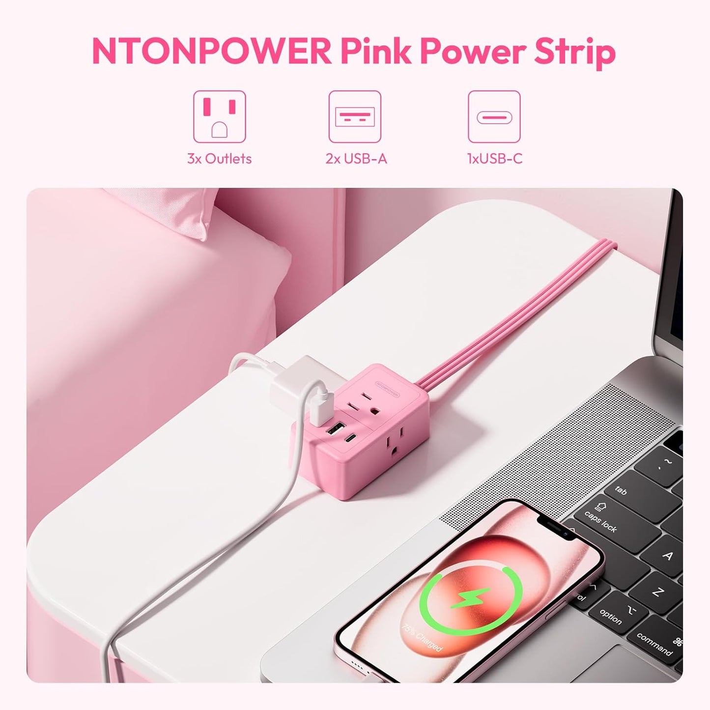 NTONPOWER Pink Extension Cord 15 ft, Pink Power Strip Flat Wall Plug with 3 Outlets 3 USB (1 USB C), Flat Extension Cord for Home Office Dorm Room Essentials
