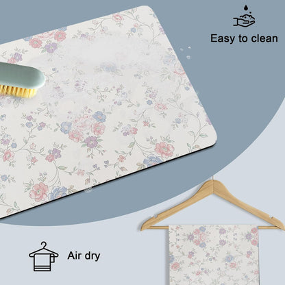 Blue Purple Flowers Dish Drying Mats for Kitchen Counter, Rustic Light Purple Blue Pink Floral Absorbent Coffee Bar Mat with Non-slip Rubber Backed Quick Drying Dish Rack Pad 16"x24"