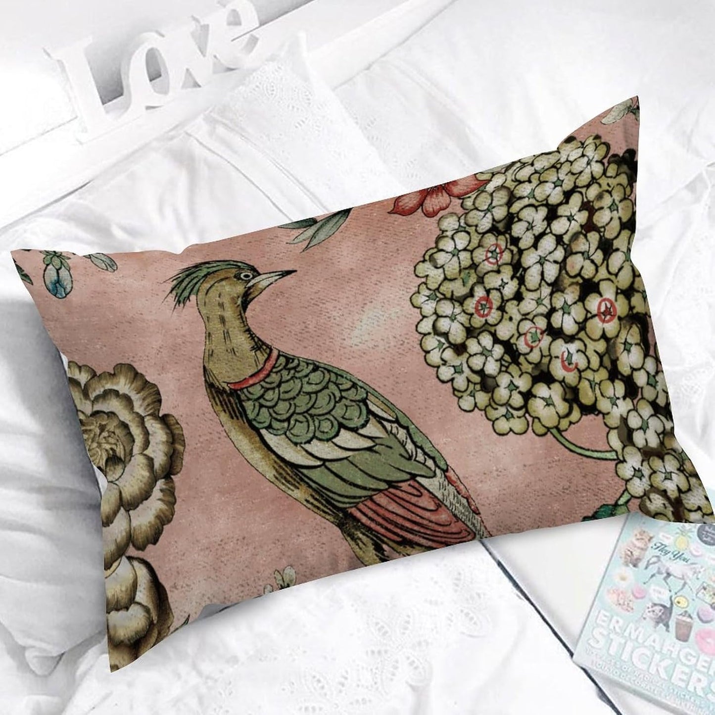 ArogGeld Chinoiserie Cushion Cover Pink Blush Chinoiserie Bird Throw Lumbar Pillow Cover Hydrangea Camellia and Peacock Pillow Cases Farmhouse Decor for Living Room Bedroom 12x20in White Flax