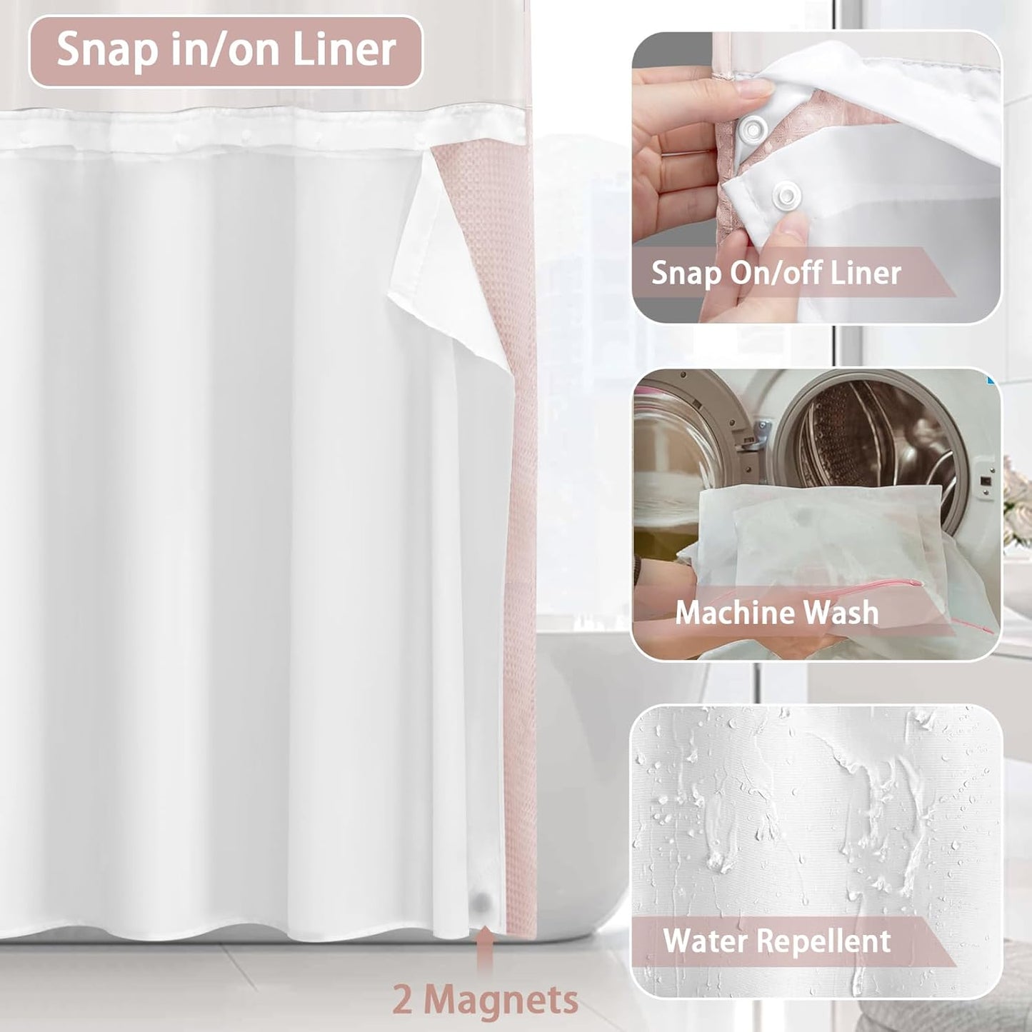 No Hook Shower Curtain and Liner Set,Blush Pink Hotel Waffle Shower Curtain with Liner 75" L x 72" W