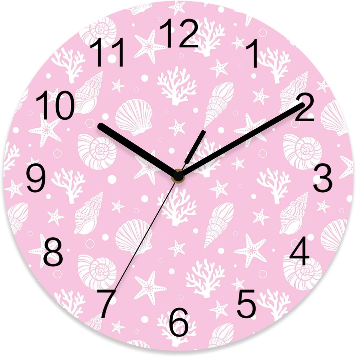Marine Life Wall Clock Battery Operated Non-Ticking 12" Round Wood Clocks, Ocean Coral Shell Starfish Pink Kitchen Wall Clock for School Bathroom Living Room Home Office Wall Decor