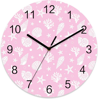 Marine Life Wall Clock Battery Operated Non-Ticking 12" Round Wood Clocks, Ocean Coral Shell Starfish Pink Kitchen Wall Clock for School Bathroom Living Room Home Office Wall Decor