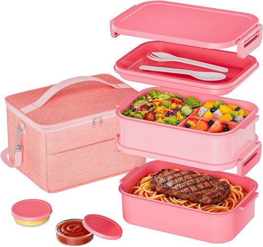 Adults Lunchbox Bento Box with Lunch Bag- 74 OZ All-in-One Stackable Lunch Box for Adults Kids Women Men Leakproof Bento Large Lunch Box Containers with Fork Spoon Sauce Box for Work School (Pink)