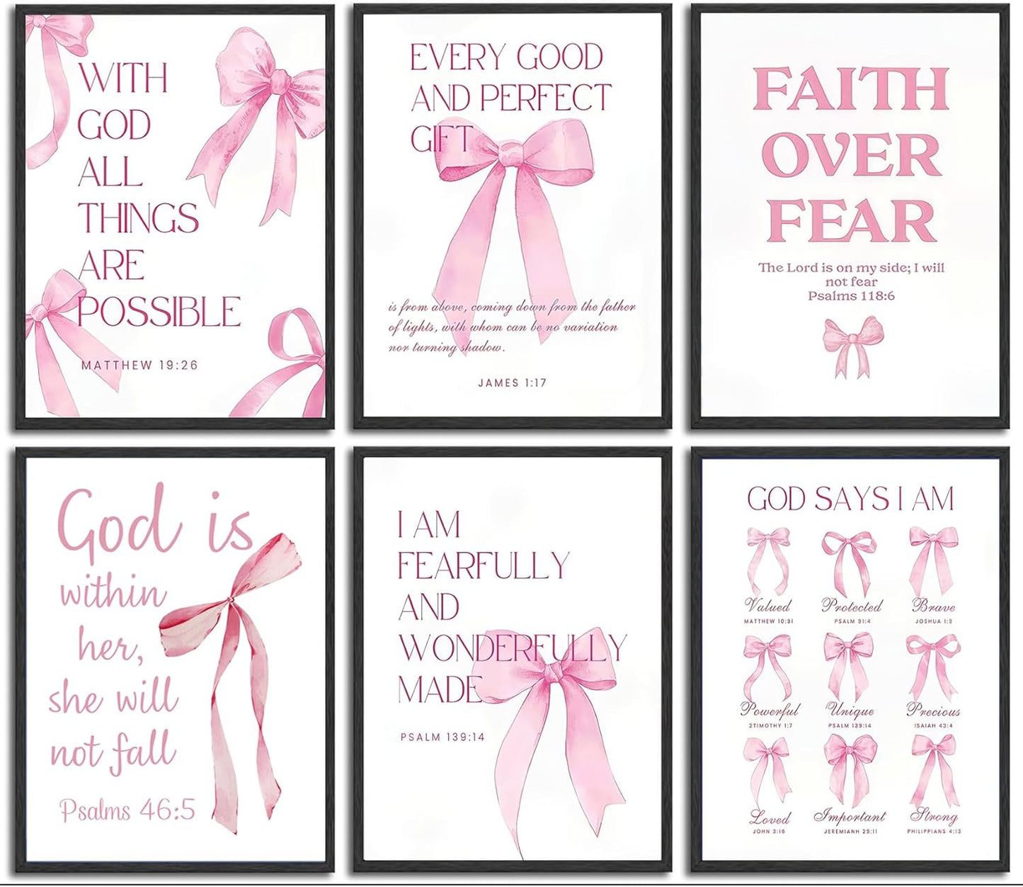 6Pcs Pink Christian Wall Art Inspirational Verse Posters Print Cute Coquette Bow Canvas Pictures for Girls Room Dorm Bathroom Bedroom Wall Decor 8x10In Unframed