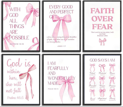 6Pcs Pink Christian Wall Art Inspirational Verse Posters Print Cute Coquette Bow Canvas Pictures for Girls Room Dorm Bathroom Bedroom Wall Decor 8x10In Unframed