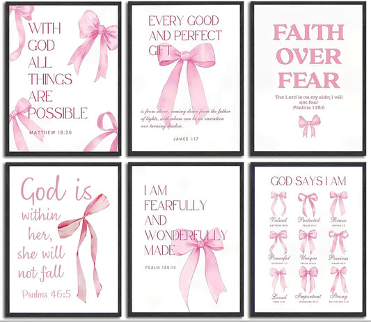 6Pcs Pink Christian Wall Art Inspirational Verse Posters Print Cute Coquette Bow Canvas Pictures for Girls Room Dorm Bathroom Bedroom Wall Decor 8x10In Unframed