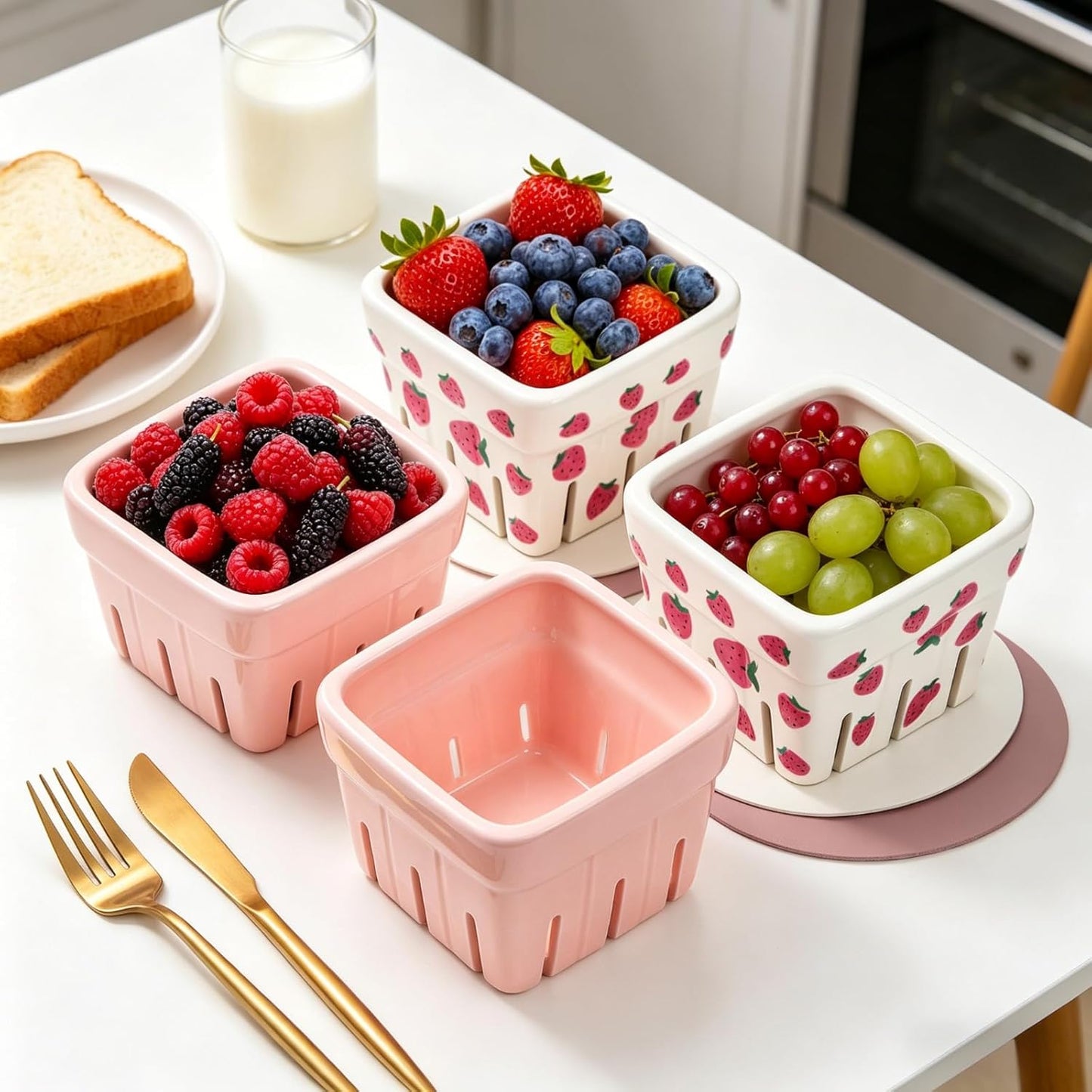 Pumtus 4 Pack Ceramic Berry Baskets, 4.7" Square Fruit Bowl with Holes & Pads, Pink White Fridge Berry Container, Decorative Strawberry Grape Cherry Colander, Fruit Crate Holder for Gift Kitchen