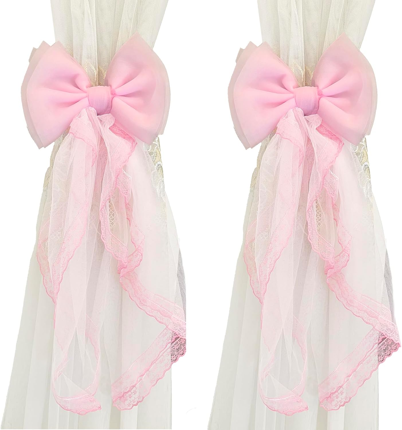 2 Pcs Bow Curtain Tiebacks Lace Bowknot Curtain Holdbacks Curtain Tie Straps for Home Office Decorative(Pink)