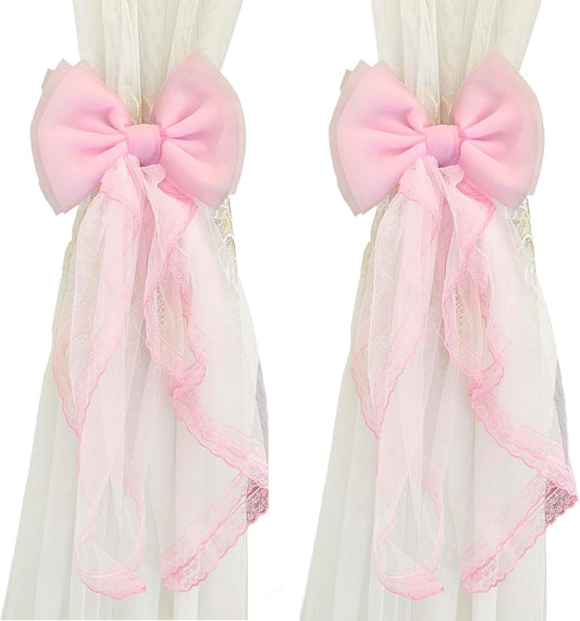 2 Pcs Bow Curtain Tiebacks Lace Bowknot Curtain Holdbacks Curtain Tie Straps for Home Office Decorative(Pink)