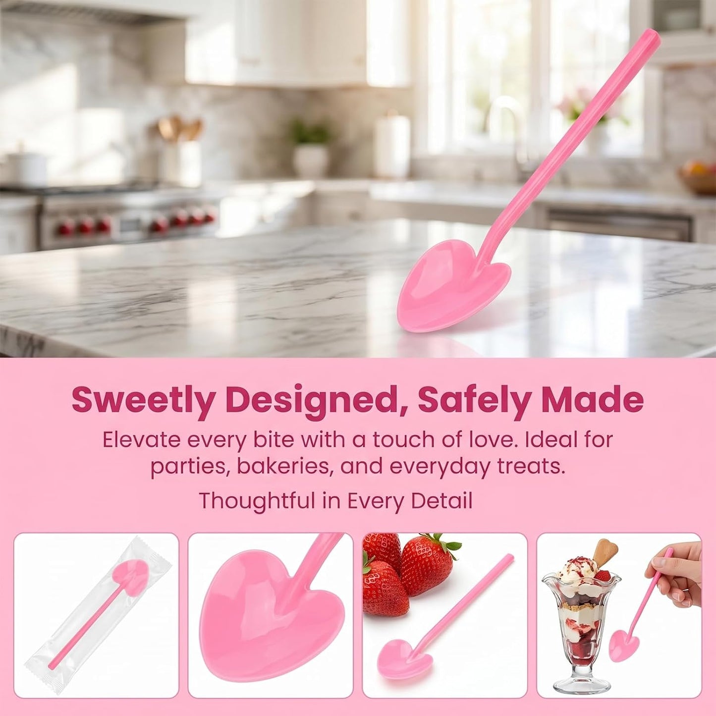KALLORY 100PCS Pink Plastic Spoons Heart Shaped, Disposable Dessert Spoon for Tasting Ice Cream, Cake,Yogurt, Jelly Pie, Party Tableware for Wedding, Birthday, Holiday