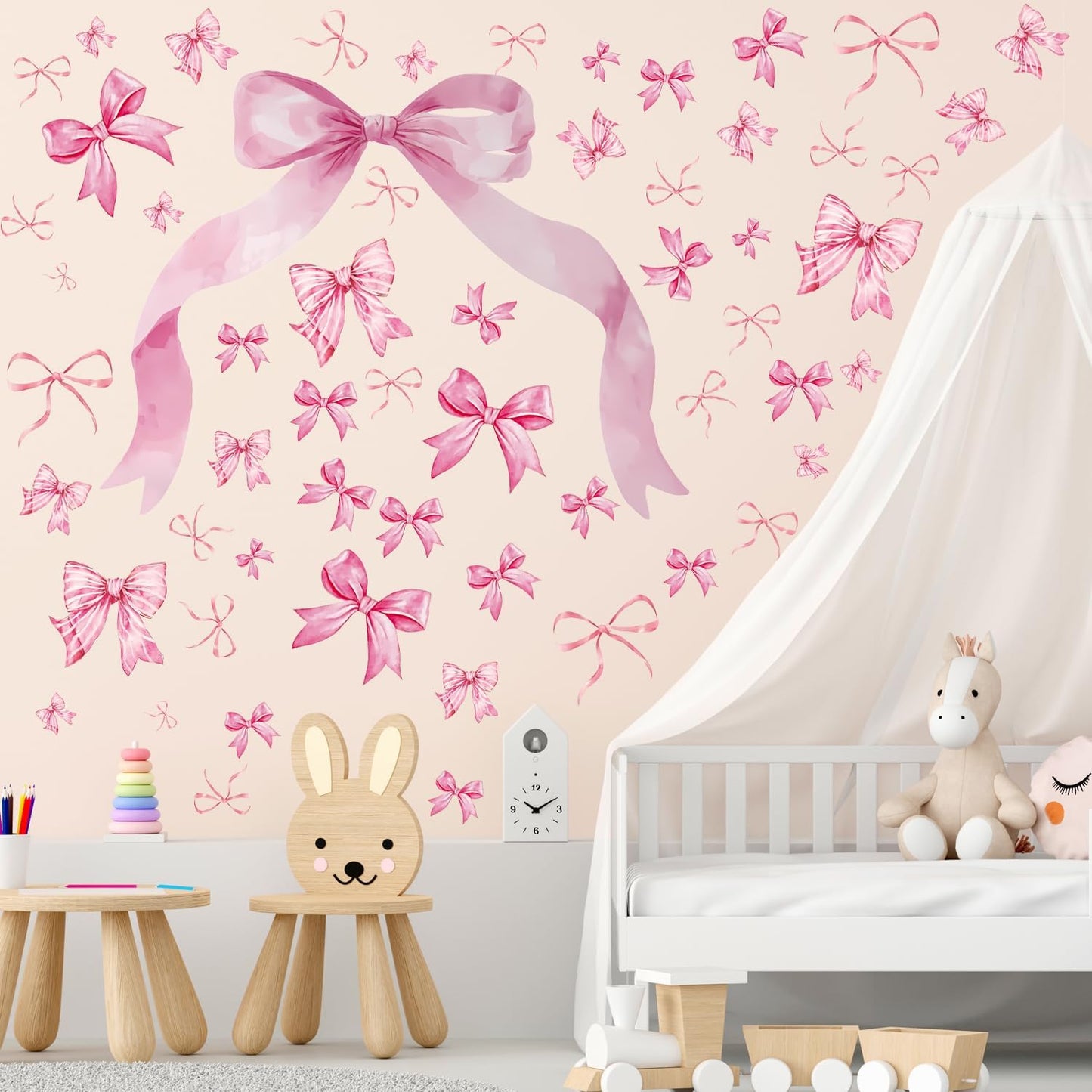 WallWhim Pink Bow Stickers for Kids Room, Bow Wall Decor Stickers for Teens Girls, 13 Sheets 72 Pcs UV PVC DIY Removable Stickers for Nursery, Bedroom, Classroom Decor
