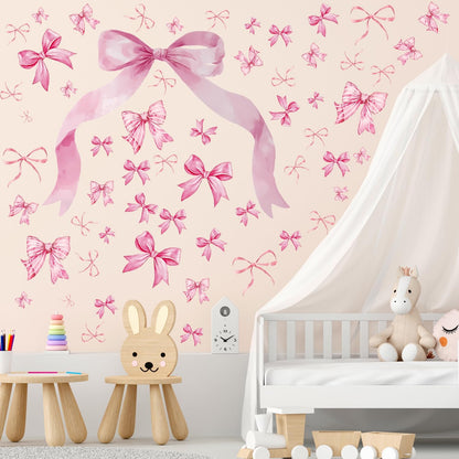 WallWhim Pink Bow Stickers for Kids Room, Bow Wall Decor Stickers for Teens Girls, 13 Sheets 72 Pcs UV PVC DIY Removable Stickers for Nursery, Bedroom, Classroom Decor