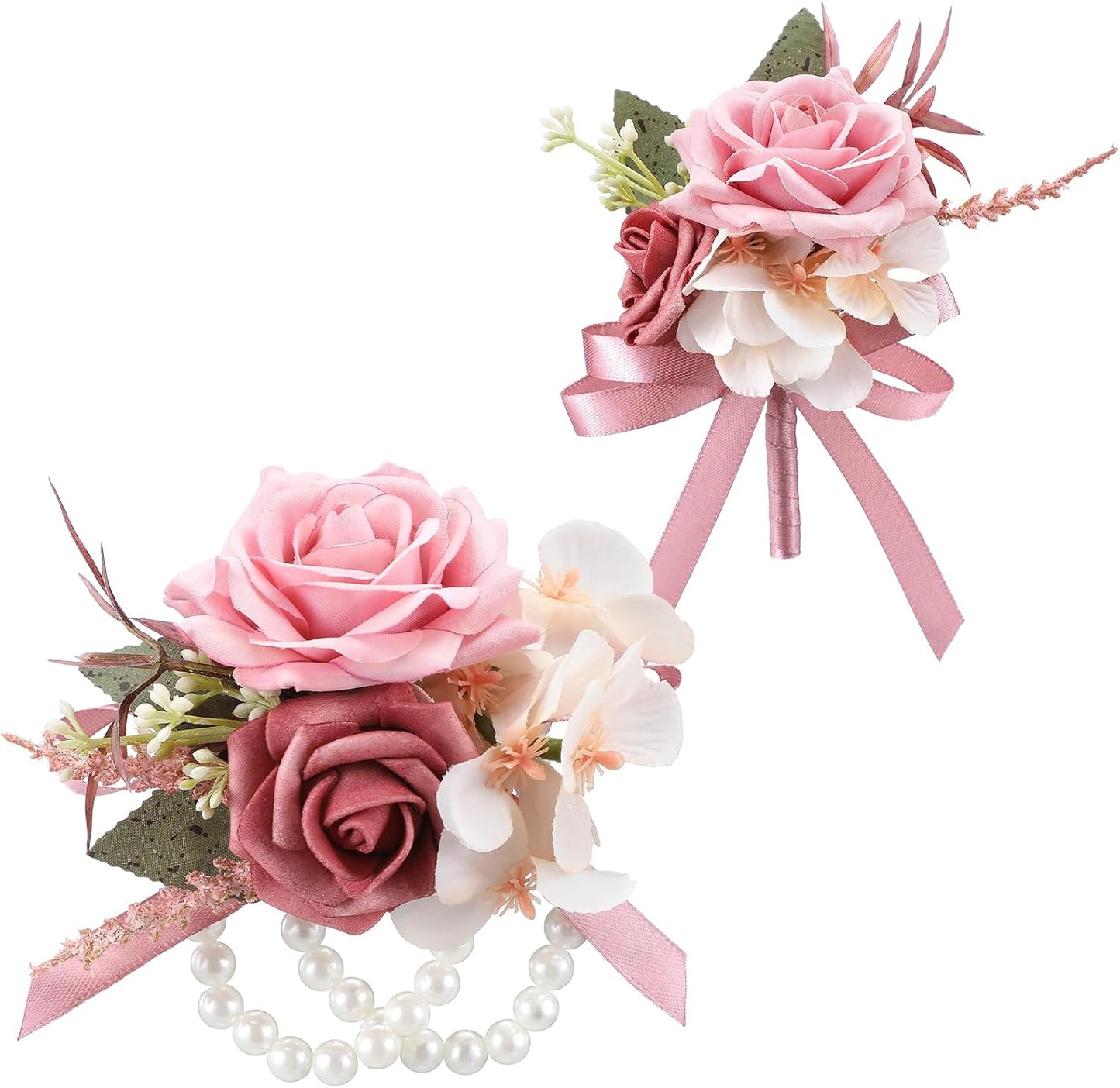 Canlierr 2 Pcs Dusty Pink Mens Boutonniere for Weddings Pink Wrist Corsage Double Pearl Bracelets Corsage and Boutonniere Set for Wedding Prom Party Artificial Flowers Ceremony Accessories Decor Suit