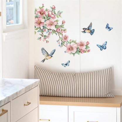 Peach Blossom Branch Birds Butterfly Wall Stickers, sacinora Floral Art Wall Decals Removable Vinyl Peel and Stick for Living Room Bedroom Nursery Home Decorations