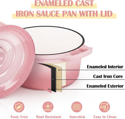 E-far Enameled Cast Iron Sauce Pan with Lid, 1 Quart Dutch Oven Saucepan, Mini Sauce Pot for Cooking, Boiling, Healthy & Non Toxic, Induction & Oven Safe, Pink