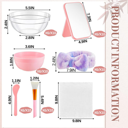 Teenyyou 6 Set Spa Supplies for Girls Women Include Facial Mask Bowl with Stick Spatula Silicone Brush Mirror Headband Towel for DIY Sleepover Slumber Wedding Party Favor (Tie Dye Pink)