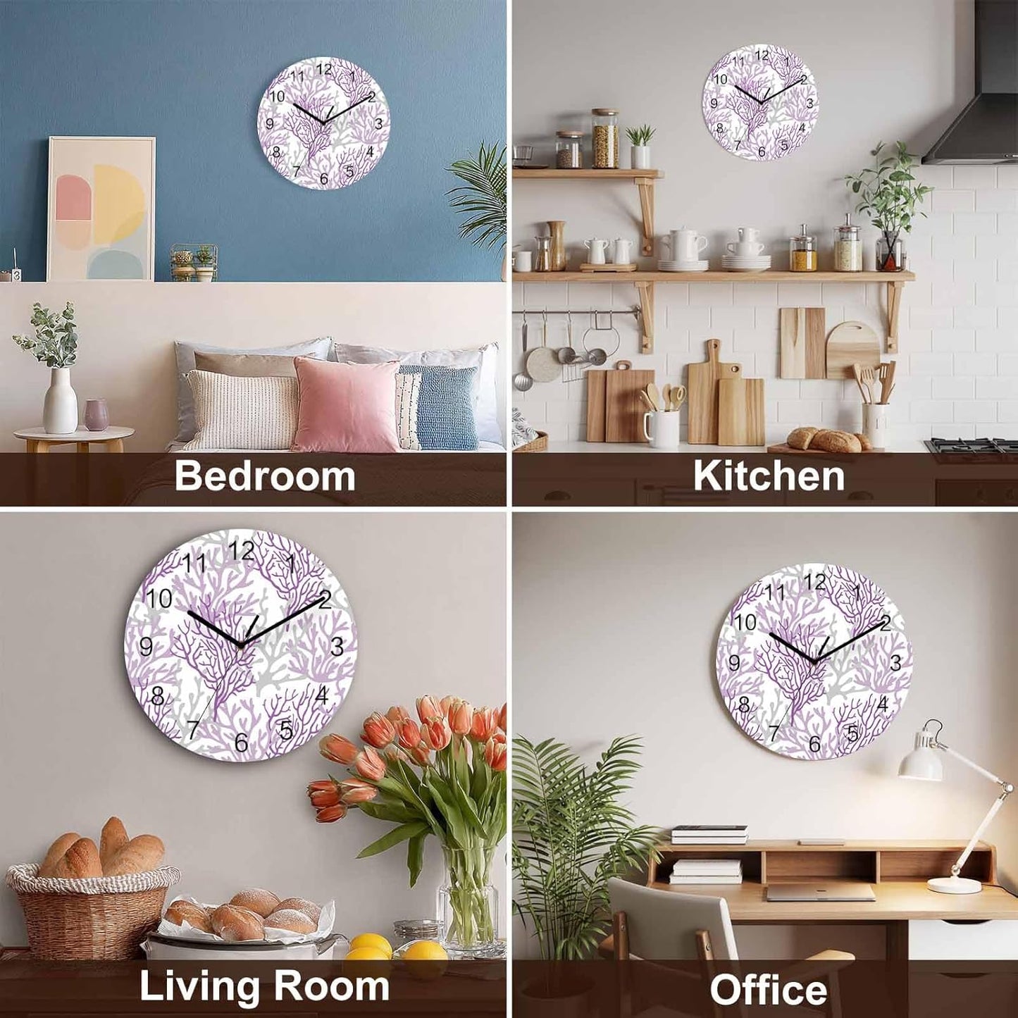 Summer Gradient Pink Purple Ocean Coral Sea Wall Clock Battery Operated Non-Ticking 10" Round Wood Clocks, Kitchen Wall Clock for School Bathroom Living Room Home Office Wall Decor