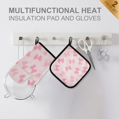 Cute Light Pink Bow Oven Mitts and Pot Holders Set for Cooking Baking Kitchen Decor