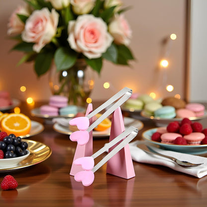 2Pcs Pink Mini Hand Shape Tong Silicone Food Tongs Stainless Steel Kitchen Tongs Small Kids for Sugar Cubes, Serving Food, Salad Buffet Cooking Utensils (Heart Shape)
