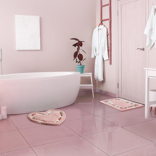 Drydiet 3 Pcs Rose Flowers Coquette Bathroom Rugs Set Rose Flower Area Rugs Non Slip Absorbent Washable Door Mat Floral Bathroom Carpet Coquette Decoration for Home Hotel, 3 Shapes(Pink)