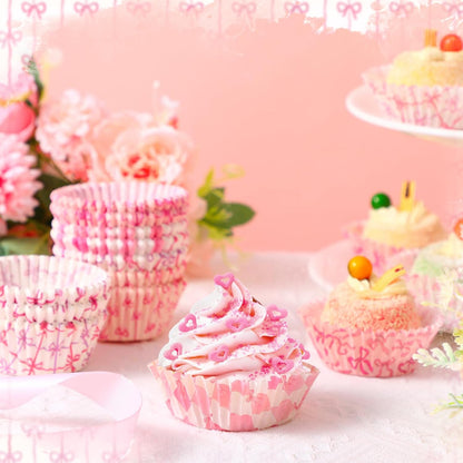 Reallnaive 300 Pcs Cupcake Liners Pink Bow Baking Cups Paper Bowknot Cupcake Muffin Wrappers Preppy Holders for Wedding Supplies Party Birthday Women Bridal Bachelorette Baby Shower(Pink,Bow)