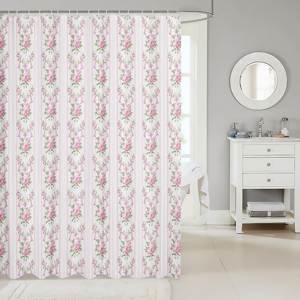 Manfei Floral Bow Shower Curtains Pink Flower Bowknot Bathroom Curtains for Kids Girls Princess Room Decor, Pink Stripes Waterproof Bath Curtains with 12 Hooks Suits for Bathtub, 72" W x 72" L