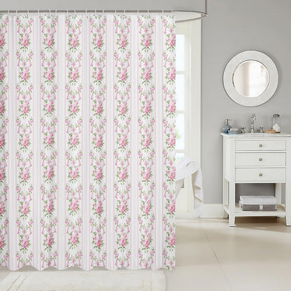 Manfei Floral Bow Shower Curtains Pink Flower Bowknot Bathroom Curtains for Kids Girls Princess Room Decor, Pink Stripes Waterproof Bath Curtains with 12 Hooks Suits for Bathtub, 72" W x 72" L