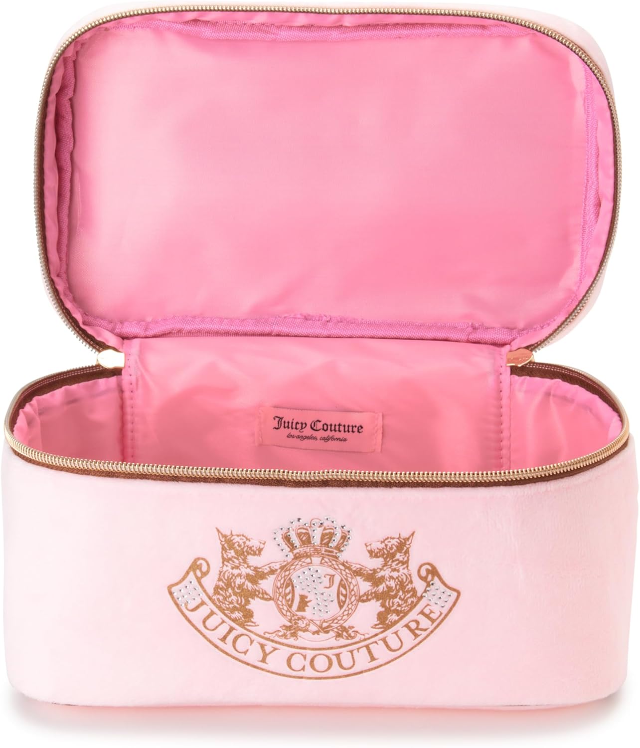 Juicy Couture Pink Makeup Bag Cosmetics Organizer Travel Essentials Train Case Gold Terroir Dog Rhinestone Crown Velour