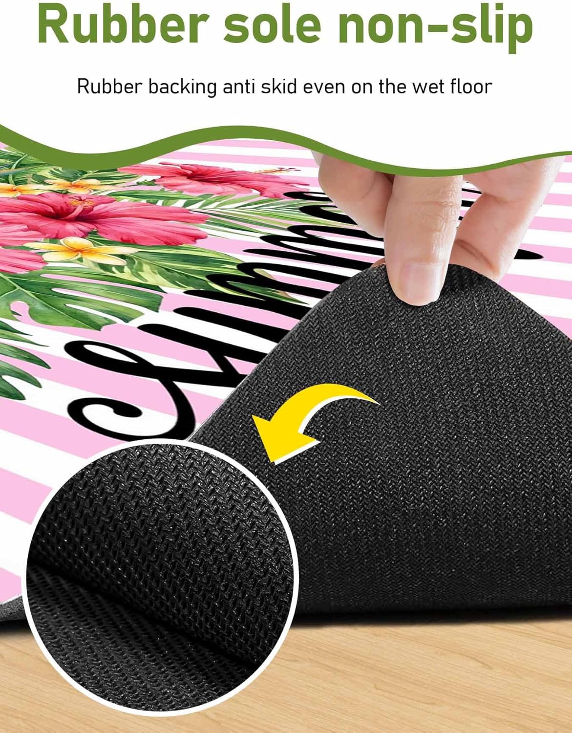 Summer Botanical Doormat Bath Mat Quick Dry Non Slip Rug with Rubber Tropical Plants Pink Stripe Water Absorbing Mat for Bathroom Kitchen Front Door Laundry Room 24" x 16"