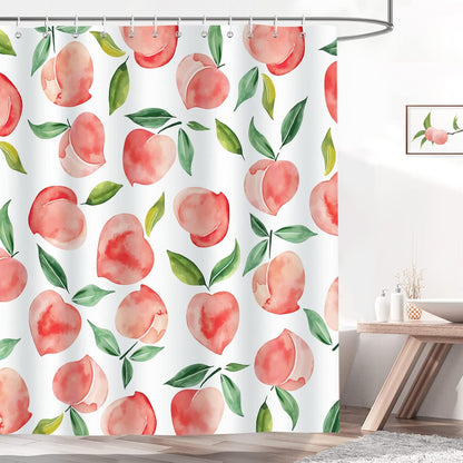 Bonhause Peach Shower Curtain, Allover Fruits Pink Peachy Bathroom Curtain 72x72 Inch Polyester Fabric Waterproof Bath Curtain with 12 Hooks