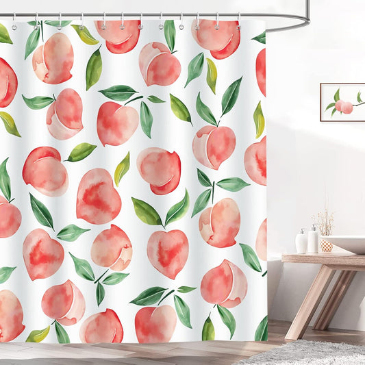 Bonhause Peach Shower Curtain, Allover Fruits Pink Peachy Bathroom Curtain 72x72 Inch Polyester Fabric Waterproof Bath Curtain with 12 Hooks