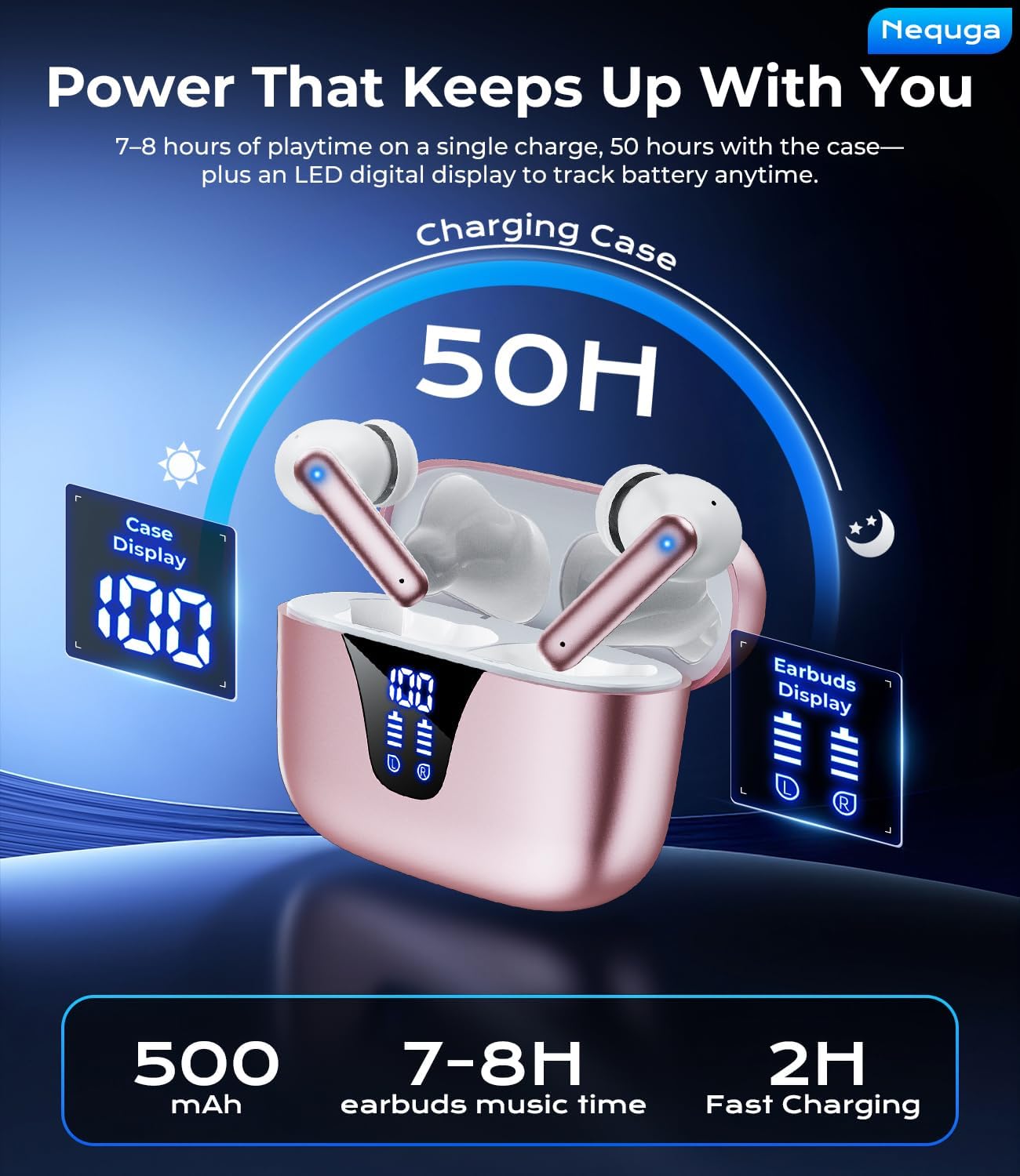Wireless Earbuds Bluetooth Headphones, 50H Playtime Ear Buds with Mic, LED Digital Display Charging Case, IPX7 Waterproof, Deep Bass Stereo, in-Ear Earphone for iPhone Andriod Phone - Blush