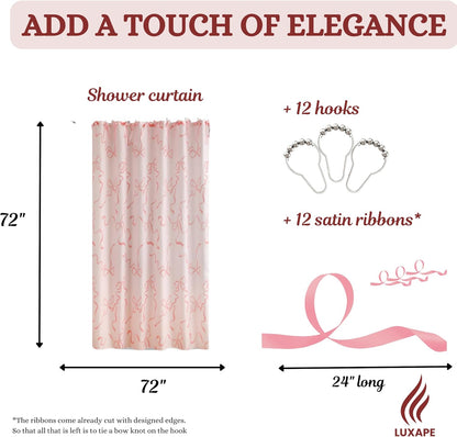 Bow Shower Curtain, Coquette Handcrafted Bow Tie Bath Curtain for Master Bathroom, Ruched Microfiber Bathroom Curtain with 12 Buttonholes, 72" W x 72" H (Coquette Pink)