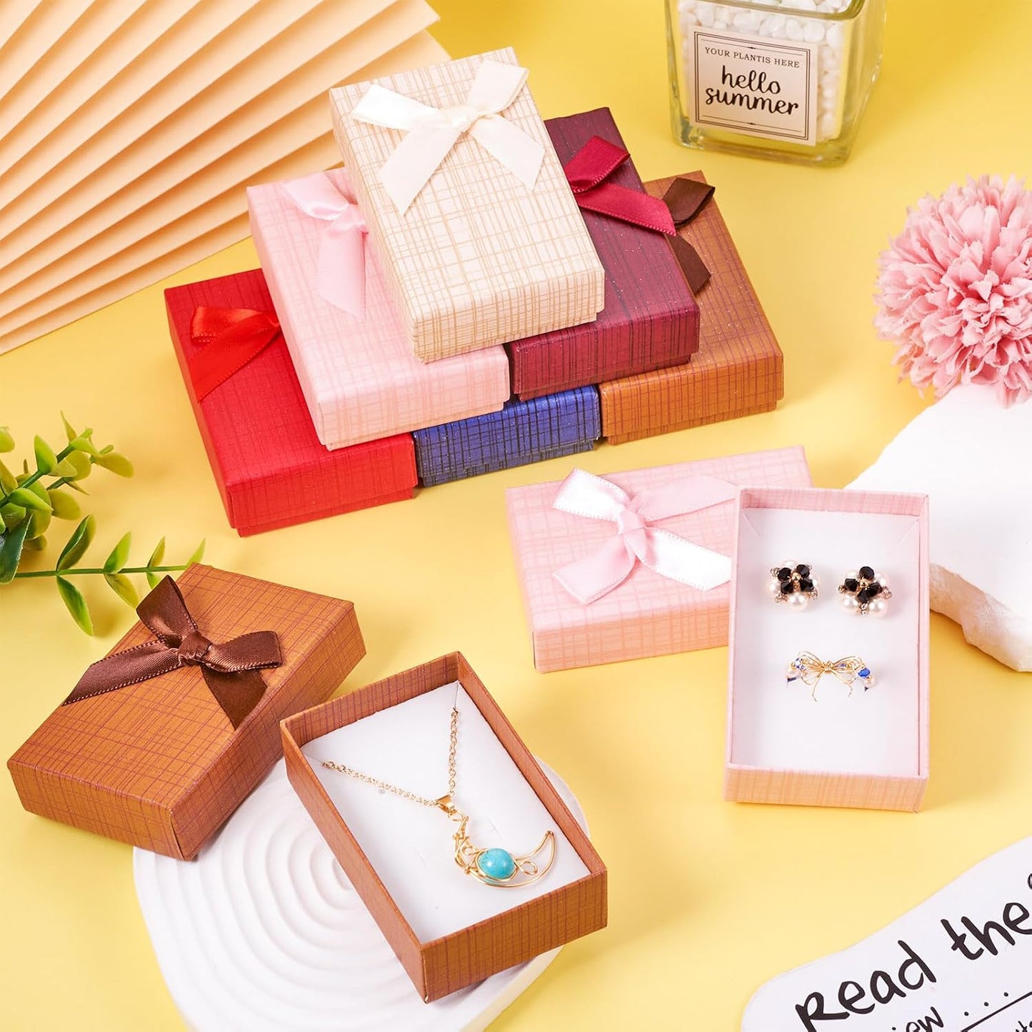 Craftdady 12 pcs Jewelry Gift Box Set Empty Packaging Cases with Bowknot Rectangle Cardboard Paper Jewelry Boxes with Lid for Necklaces Rings Earrings Pendants Displaying (Pink)