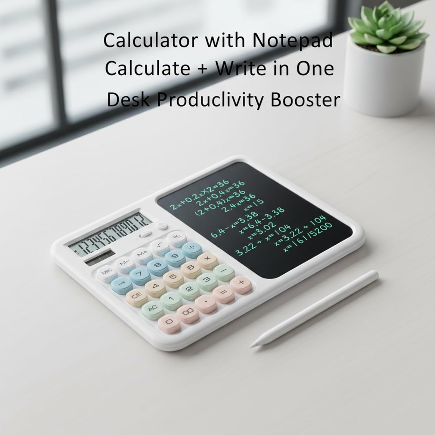 Calculator with Writing Tablet, Desktop Calculator with LCD Notepad, 12-Digit Large Display, Dual Power (Solar & AAA Battery), Erasable Memo Pad with Stylus for Office Finance School (Pink)