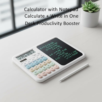 Calculator with Writing Tablet, Desktop Calculator with LCD Notepad, 12-Digit Large Display, Dual Power (Solar & AAA Battery), Erasable Memo Pad with Stylus for Office Finance School (Pink)