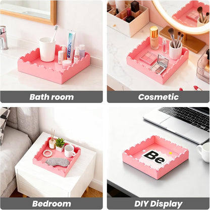 Acrylic Tray, Scalloped Glossy Pink Acrylic Decorative Tray for Home Decor, 8x8 Inch Acrylic Organizer Tray for Vanity Countertop Makeup Skincare Square Acrylic Storage Tray (Square Pink)