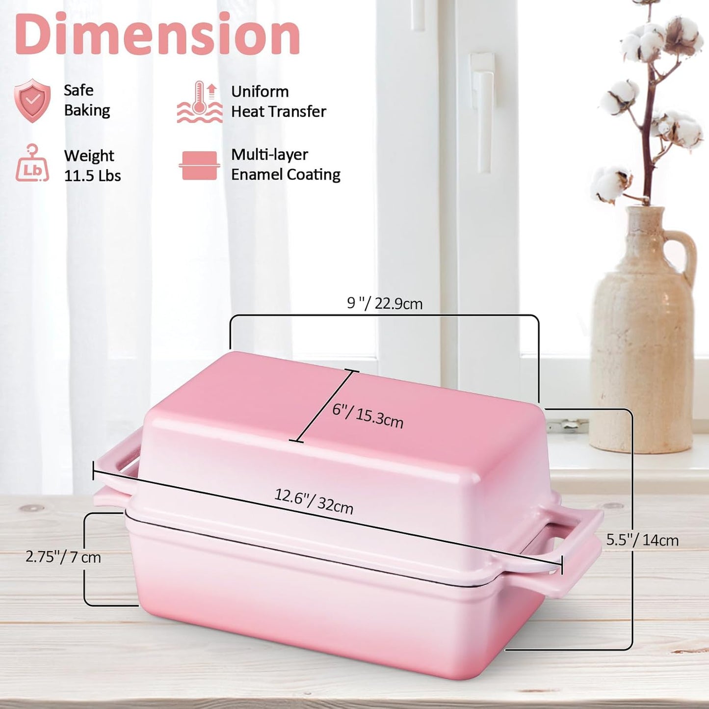 Leonyo Cast Iron Loaf Pan 2 Piece Set, 9x5 inch Enameled Cast Iron Bread Pan with Lid, 2-in-1 Homemade Sourdough Bread Dutch Oven for Pound Cake, Lasagna, Up to 500℉ & Pink
