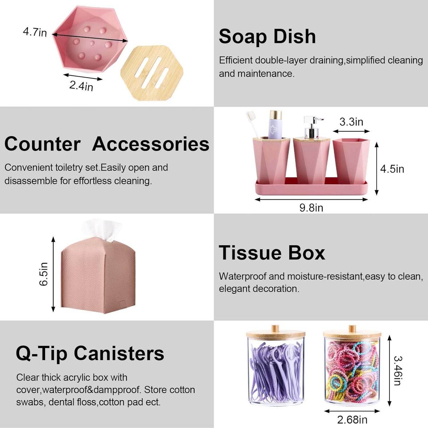 Pink Bathroom Accessories Set, 10 Pieces Bamboo Bathroom Set with Trash Can, Tray, Soap Dispenser, Soap Dish, Toothbrush Holder, Toothbrush Cup, Tissue Holder, Toilet Brush and Qtip Holders